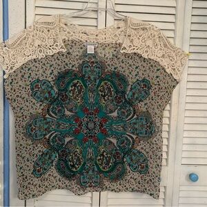 Hannah Cream and Teal Paisley Lace Blouse Boho Romantic Look